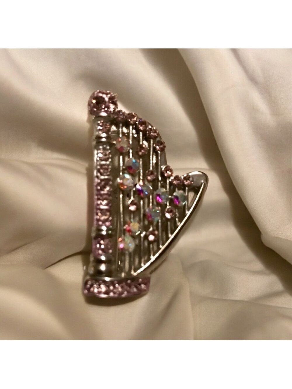 Vintage Brooch Musical Harp, Silver-Tone, Crystal Rhinestones and Pink Stones